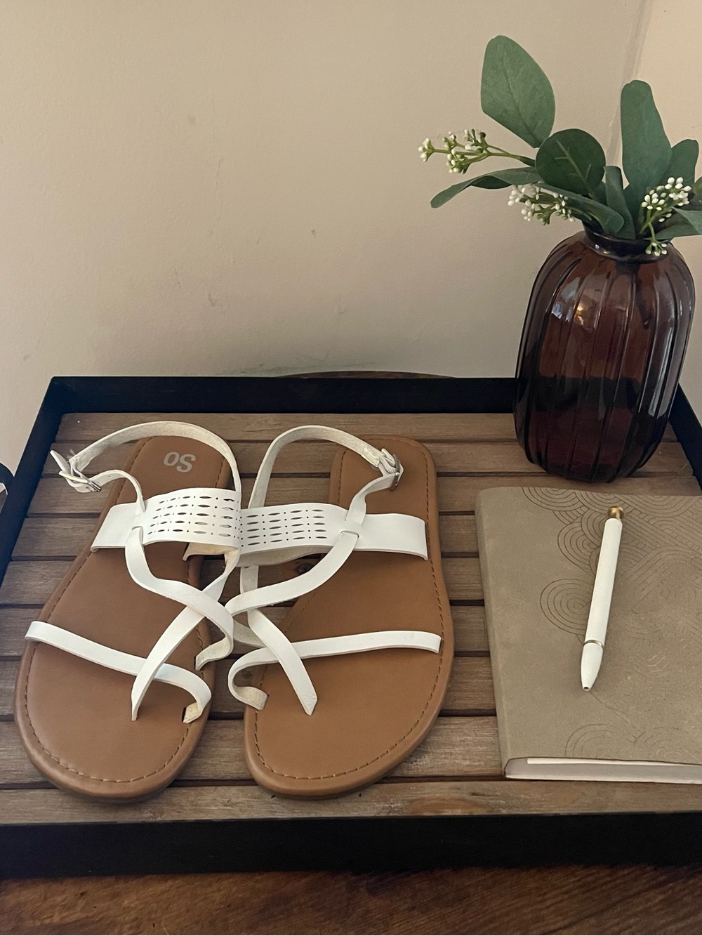 SO White Strappy Women's Sandals with Tan Footbed